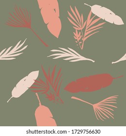Trendy Tropical Vector Seamless Pattern. Feather Monstera Banana Leaves Dandelion Tropical Seamless Pattern. Nice Summer Fashion. Doodle Floral Background. Beautiful Male Shirt Female Dress Texture.