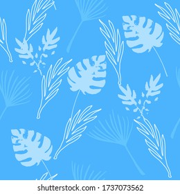 Trendy Tropical Vector Seamless Pattern. Painted Floral Background. Dandelion Monstera Feather Banana Leaves Tropical Seamless Pattern. Cool Summer Fashion. Elegant Male Shirt Female Dress Texture.