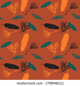 Trendy Tropical Vector Seamless Pattern. Doodle Floral Background. Nice Summer Fashion. Elegant Male Shirt Female Dress Texture. Feather Banana Leaves Monstera Dandelion Tropical Seamless Pattern.