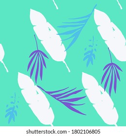 Trendy Tropical Vector Seamless Pattern. Feather Banana Leaves Monstera Dandelion Tropical Seamless Pattern. Nice Summer Fashion. Painted Floral Background. Beautiful Male Shirt Female Dress Texture.