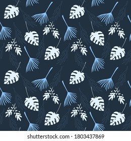 Trendy Tropical Vector Seamless Pattern. Fine Summer Textile. Elegant Male Shirt Female Dress Texture. Doodle Floral Background. Monstera Banana Leaves Dandelion Feather Tropical Seamless Pattern.