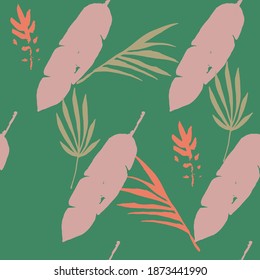 Trendy Tropical Vector Seamless Pattern. Drawn Floral Background. Monstera Feather Banana Leaves Dandelion Tropical Seamless Pattern. Fine Summer Textile. Elegant Male Shirt Female Dress Texture.