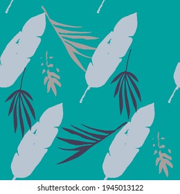 Trendy Tropical Vector Seamless Pattern. Cool Summer Textile. Beautiful Male Shirt Female Dress Texture. Doodle Floral Background. Feather Banana Leaves Dandelion Monstera Tropical Seamless Pattern.