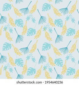 Trendy Tropical Vector Seamless Pattern. Monstera Banana Leaves Feather Dandelion Tropical Seamless Pattern. Painted Floral Background. Elegant Male Shirt Female Dress Texture. Cool Summer Fabrics.