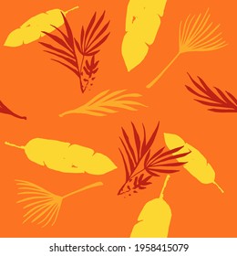 Trendy Tropical Vector Seamless Pattern. Feather Monstera Banana Leaves Dandelion Tropical Seamless Pattern. Elegant Male Shirt Female Dress Texture. Nice Summer Fashion. Doodle Floral Background.