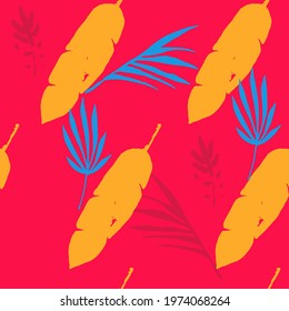 Trendy Tropical Vector Seamless Pattern. Painted Floral Background. Monstera Dandelion Banana Leaves Feather Tropical Seamless Pattern. Nice Summer Fashion. Elegant Male Shirt Female Dress Texture.