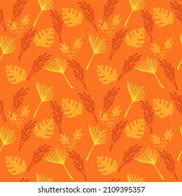 Trendy Tropical Vector Seamless Pattern. Beautiful Male Shirt Female Dress Texture. Feather Monstera Banana Leaves Dandelion Tropical Seamless Pattern. Painted Floral Background. Chic Summer Textile.