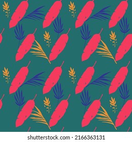 Trendy Tropical Vector Seamless Pattern. Doodle Floral Background. Elegant Male Shirt Female Dress Texture. Nice Summer Fashion. Monstera Banana Leaves Dandelion Feather Tropical Seamless Pattern.