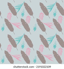 Trendy Tropical Vector Seamless Pattern. Drawn Floral Background. Elegant Male Shirt Female Dress Texture. Feather Banana Leaves Monstera Dandelion Tropical Seamless Pattern. Fine Summer Textile.