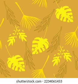 Trendy Tropical Vector Seamless Pattern. Elegant Male Shirt Female Dress Texture. Chic Summer Textile. Painted Floral Background. Feather Monstera Banana Leaves Dandelion Tropical Seamless Pattern.