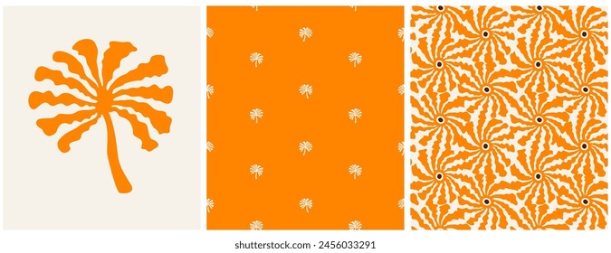 Trendy Tropical Vector Seamless Pattern with Palm Trees and Abstract Boho Flowers. Tropical Endless Design for Textile, Wrapping Paper, Wall Art. Orange Hand Drawn Palms on a Beige Background. RGB.