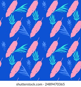 Trendy Tropical Vector Seamless Pattern. Elegant Male Shirt Female Dress Texture. Doodle Floral Background. Monstera Dandelion Feather Banana Leaves Tropical Seamless Pattern. Fine Summer Fashion.