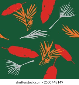 Trendy Tropical Vector Seamless Pattern. Feather Monstera Dandelion Banana Leaves Tropical Seamless Pattern. Elegant Male Shirt Female Dress Texture. Fine Summer Fashion. Painted Floral Background.