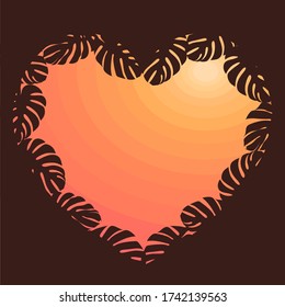 Trendy Tropical Vector Template. Heart Shaped Frame Decorated With Silhouettes of Monstera Leaves. Sultry Evening Sunset Illustration. Setting for Invitation, Poster, Promo