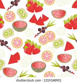 Trendy tropics cool wallpaper. Pattern with watermelon, strawberry, lemon, kiwi and oranges on a white background. Bright summer fruit illustration. Fruit mix design for fabric and decor. - Vector 