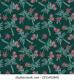 Trendy tropics seamless pattern. Hand drawn Palm trees  and summer Flower. Jungle vector,Design for fashion , fabric, textile, wallpaper, cover, web , wrapping and all prints 