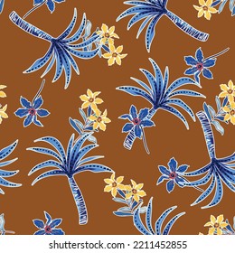Trendy tropics seamless pattern. Hand drawn Palm trees  and summer Flower. Jungle vector,Design for fashion , fabric, textile, wallpaper, cover, web , wrapping and all prints 
