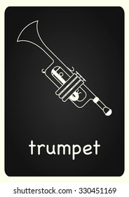Trendy trumpet vector image on chalkboard. Black and white picture. EPS 10