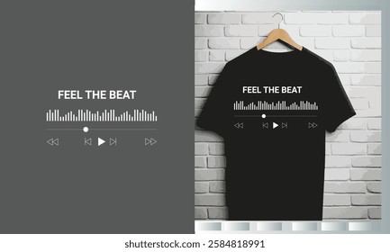 Trendy t-shirt design featuring the phrase 'Feel The Beat' with a music equalizer and playback controls. Minimalist black and white design inspired by music player interfaces. Perfect for music lover.