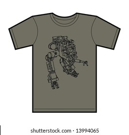 Trendy T-Shirt design with funky hand drawn mecha robot.