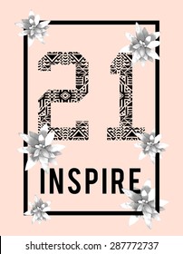 Trendy t-shirt design with number 21 and love in black frame with succulents. Boho mexican aztec design for women top, phone case, wallpaper