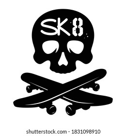 Trendy t-shirt design on the topic of skateboarding. Vector illustration with a skull and skateboards