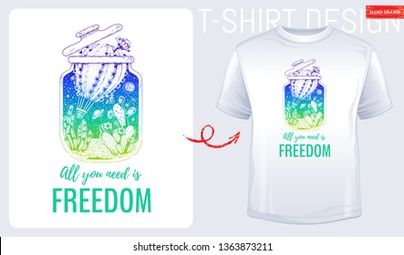 Trendy t-shirt print design. Cactus plant in hand drawn sketch style. T shirt with succulent becomes air balloon to run away from narrow glass jar prison. Vector print illustration isolated on white