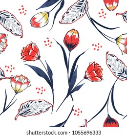 Trendy tulip flower seamless pattern in a hand drawing style. Aquarelle florals on white background,wallpaper , texture, wrapper,fashion fabric and all prints pattern Trendy tulip flower seamless pattern in a hand drawing style. Aquarelle florals on white background,wallpaper , texture, wrapper,fashion fabric and all prints pattern