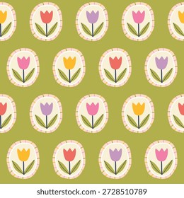 Trendy Tulpe nahtloses Muster auf olivgrünem Hintergrund mit botanischer Gartenstimmung. Moderne naive Doodle-Icons mit bunten blühenden Blumen für cottagecore Kinder Textilien, Stoff oder Tapete