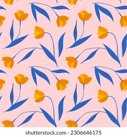 trendy tulips with blue leaves on a pink background. orange flowers with blue stems. floral pattern hand drawn. fashion flowers.