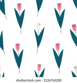 Trendy tulips flowers seamless pattern on white background. Elegant botanical wallpaper. Flat vector illustration.
