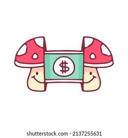 Trendy Two half of amanita mushroom with dollar inside, illustration for t-shirt, street wear, sticker, or apparel merchandise. With doodle, retro, and cartoon style.