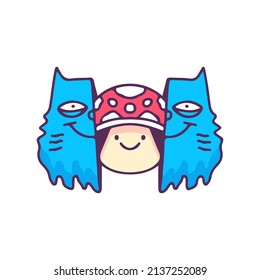 Trendy Two half of cat head with magic mushroom inside, illustration for t-shirt, street wear, sticker, or apparel merchandise. With doodle, retro, and cartoon style.