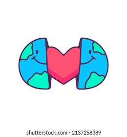 Trendy Two half of earth planet with heart inside, illustration for t-shirt, street wear, sticker, or apparel merchandise. With doodle, retro, and cartoon style.