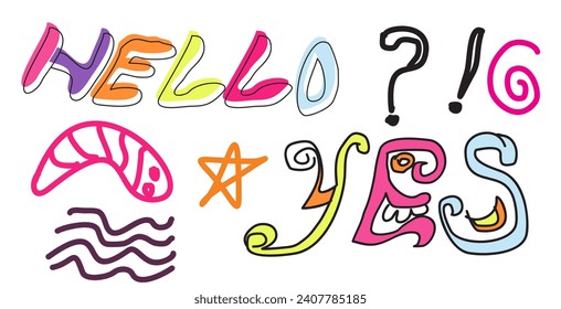 trendy typography HELLO and YES cute and aesthetic naive abstract shape sticker text element. outline elements