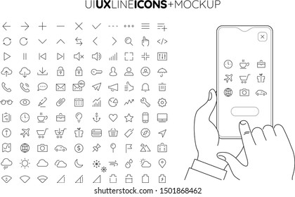 Trendy UI UX interface line icons collection with line smartphone mockup holded by hands