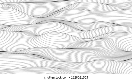 Trendy ultra thin striped backdrop with wave distortion lines. Abstract noise landscape. Procedural ripple background.
