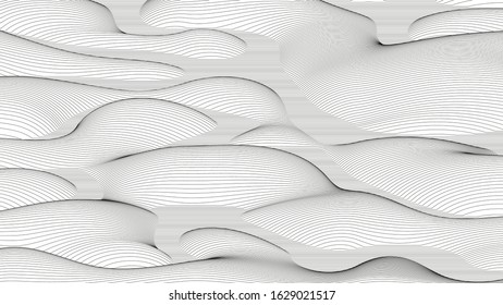 Trendy ultra thin striped backdrop with wave distortion lines. Abstract noise landscape. Procedural ripple background.