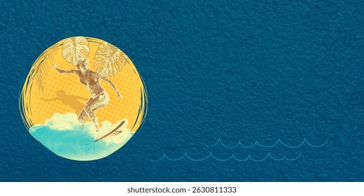 Trendy undertone pop art collage of happy positive cheerful girl floating on surfboard, tropical resort, ocean waves. Negative space for text, ads, announcements