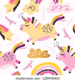 Trendy unicorn pattern for kids. Vector illustration. Modern style pattern template for fabric, wrapping, textile.