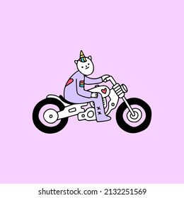 Trendy unicorn riding a motorbike. Illustration for street wear, t shirt, poster, logo, sticker, or apparel merchandise. Retro and pop art style.