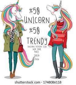 trendy unicorns and inscription half unicorn half trendy - card and shirt design
