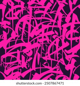 Trendy Unique seamless neon pink abstract pattern, dynamic lines, and geometric shapes, graffiti-style, tattoo. Perfect for packaging design, textiles, and web projects. Isolated on purple background