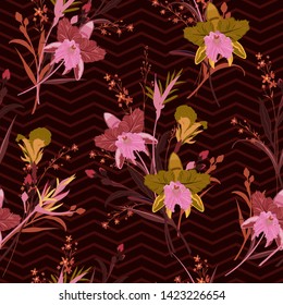 Trendy and Unique Seamless vector blooming orchid, floral summer pattern background in the garden. Design for wallpapers, web page backgrounds, surface textures, textile and all prints on dark maroon 