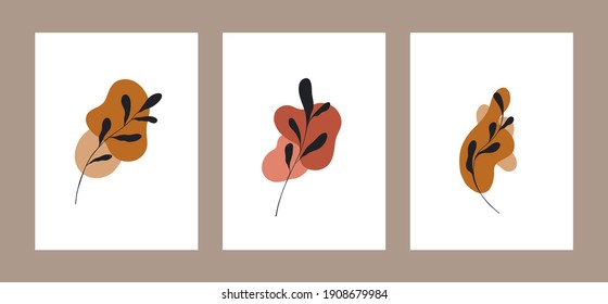 Trendy universal artistic template.  Botanical wall art vector set. Foliage line art drawing with abstract shape. Abstract Plant Art design for print, cover, wallpaper. Vector illustration.