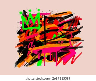 Grafite urbano moderno fundo colorido com mão desenhada para cima e estilo de marcação. Ilustração vetorial de arte de rua abstrata para impressões, banners, cartazes, design gráfico moderno. Desenhos com manchas.