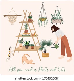 Trendy Urban Greenery at Home Jungle. Crazy Plant Lady Illustration and Cat lover. Home Garden Drawing.