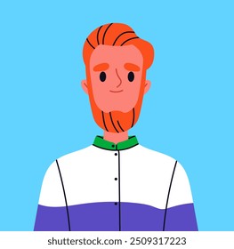 Trendy user avatar. Bearded red haired young guy. Beauty, aesthetics and elegance. Profile in social networks and messengers. Flat vector illustration isolated on blue background