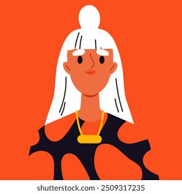 Avatar de usuario de moda. Mujer rubia con collar de oro. Belleza, estética y elegancia. Perfil en redes sociales y mensajeros. Ilustración vectorial plana aislada sobre fondo rojo