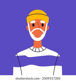 Trendy user avatar. Elderly man in casual clothes. Beauty, aesthetics and elegance. Profile in social networks and messengers. Flat vector illustration isolated on blue background
